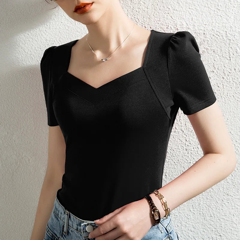 French Solid Color Bubble Sleeve T-Shirt women's short sleeve slim V-neck pure cotton white top summer S XL 2XL 3XL