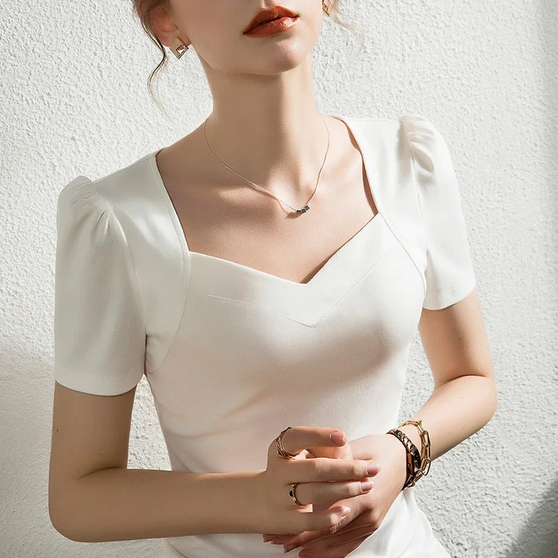 French Solid Color Bubble Sleeve T-Shirt women's short sleeve slim V-neck pure cotton white top summer S XL 2XL 3XL